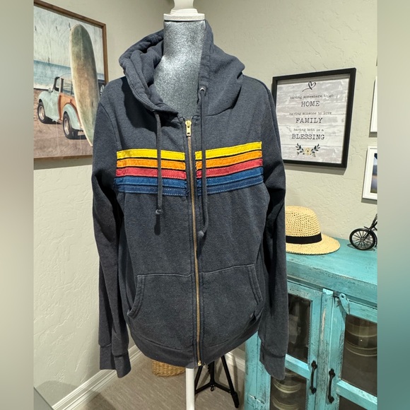 Unisex Aviator Nation 5 Stripe Zip Hoodie in navy Size Medium - Picture 3 of 11